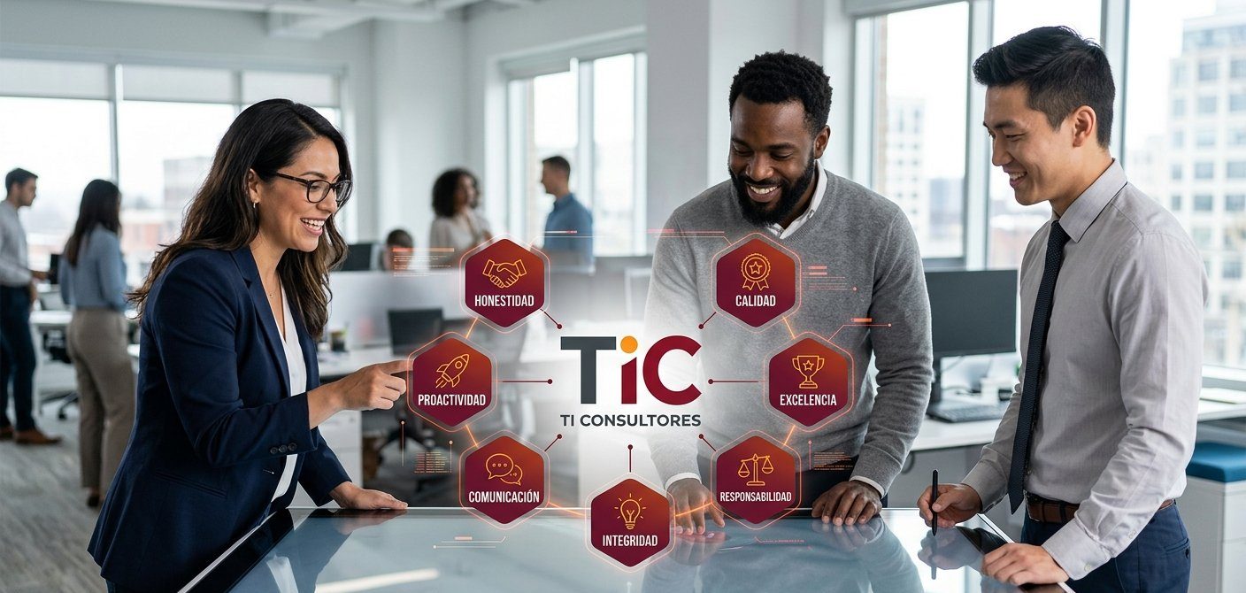 Equipo de TI Consultores junto a sus valores: honestidad, calidad, excelencia, responsabilidad, proactividad, comunicación e integridad